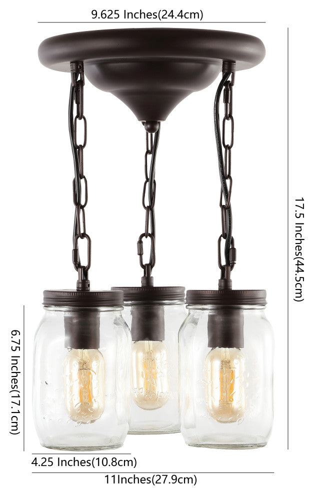 Gaines 11" 3-Light Farmhouse Mason Jar LED Semi Flush Mount, Oil Rubbed Bronze