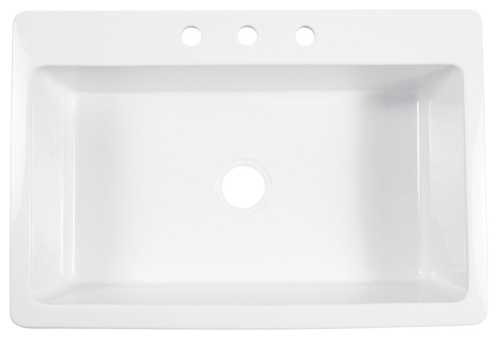 Jackson Crisp White Fireclay 33" Single Bowl Drop-In Kitchen Sink with 3 Holes