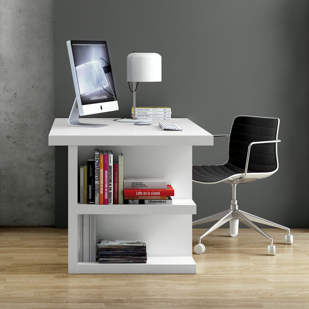 Contemporary Home Office Desk White Shelf Legs, White Top/White Legs