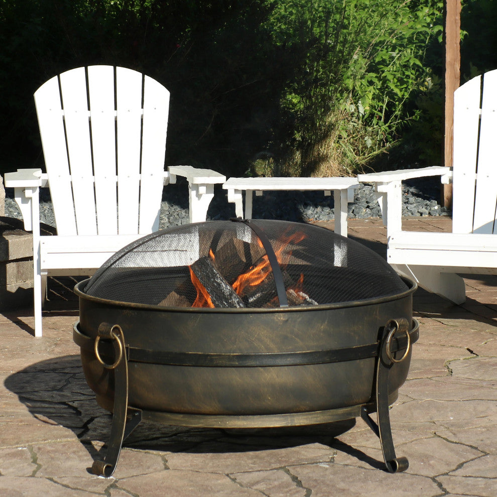 Sunnydaze Large Black Steel Cauldron Outdoor Fire Pit With Spark Screen, 34"