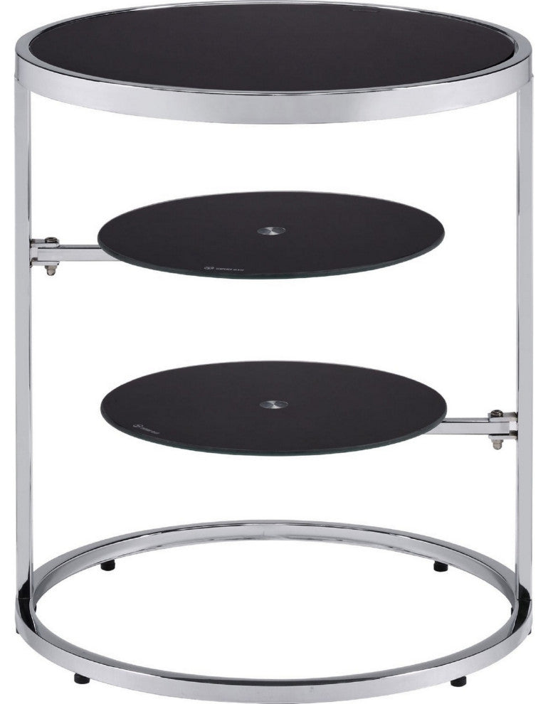 Benzara BM250241 20" Accent Table With 2 Tier Swivel Glass Shelves, Black/Chrome