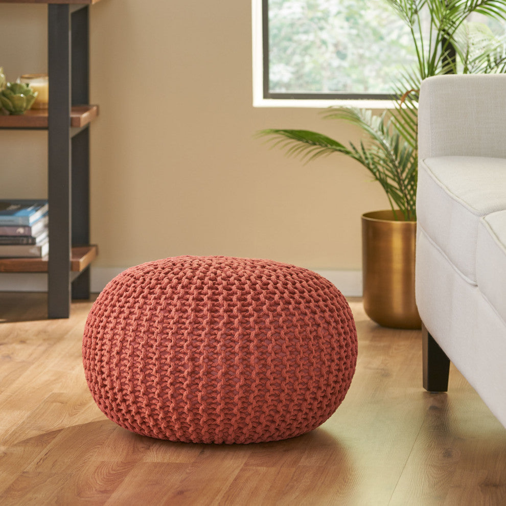 Barwick Nahunta Modern Knitted Cotton Round Pouf, Coral