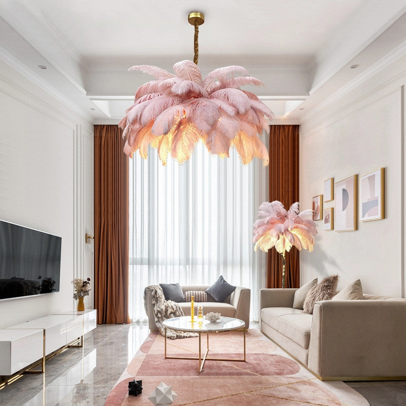 Gembloux | Pink/White Feather Round Chandelier, Pink