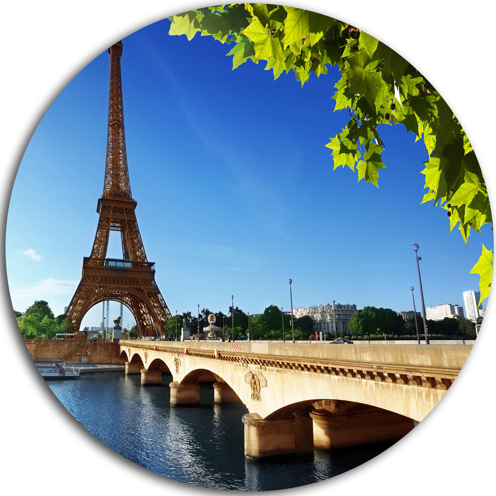 Bridge To Paris Eiffel Tower Paris, Cityscape Round Metal Wall Art, 36"
