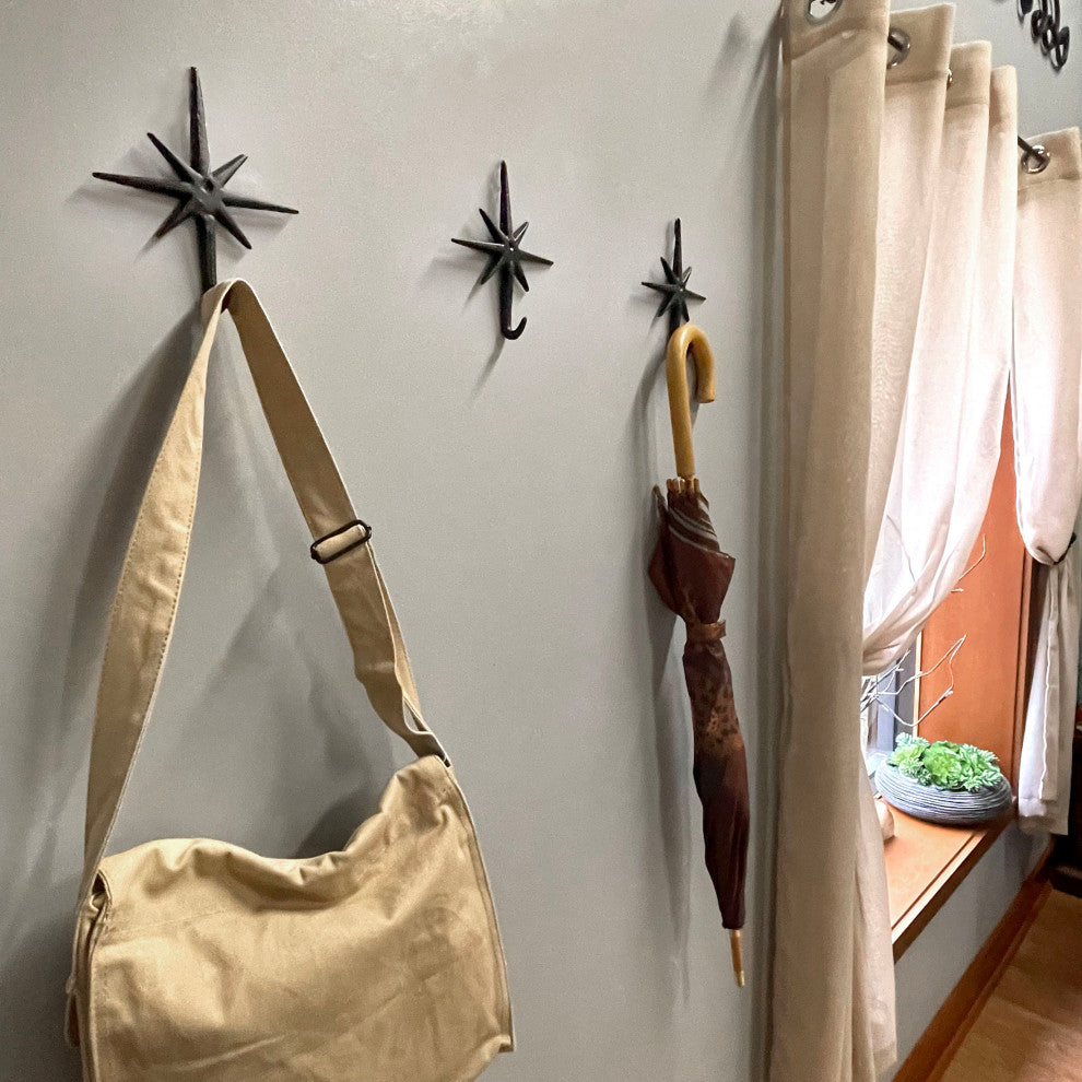 Set of 3 Black Finish Cast Iron Atomic Starburst Wall Hooks