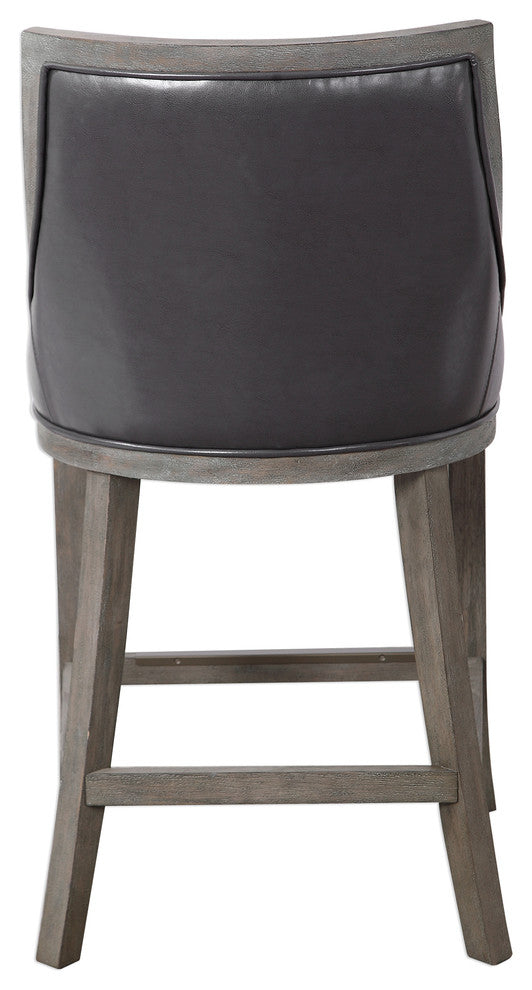 Elegant Gray Brown Faux Leather Bar Stool Counter Back Cushion Exposed Wood