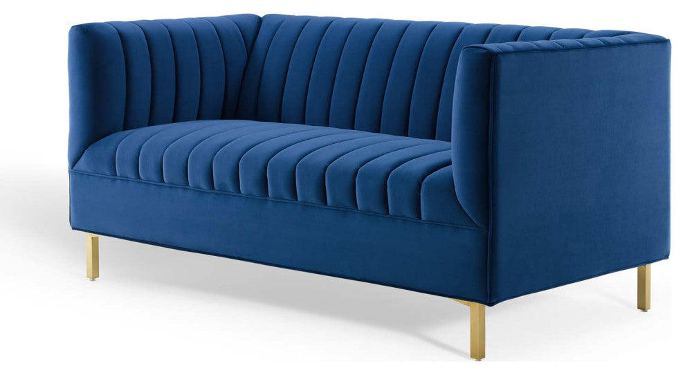 Tufted Loveseat Sofa, Velvet, Blue Navy, Modern, Living Lounge Hotel Hospitality