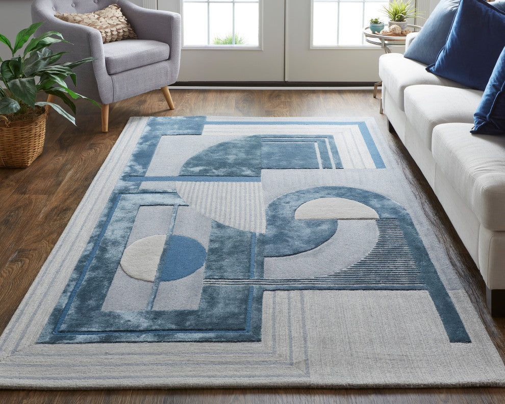 Weave & Wander Cutlor Art Deco Wool Rug, Aegean Blue/Gray/Ivory, 9ft x 12ft Rug