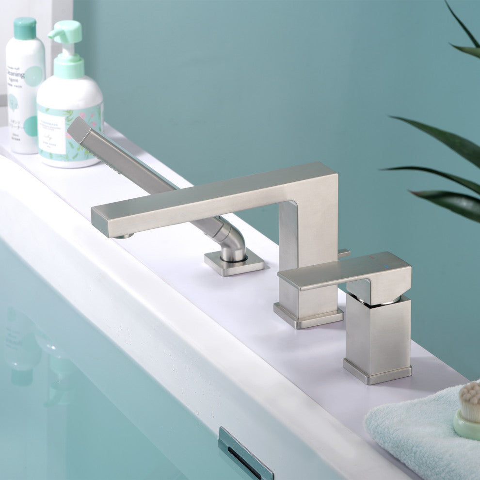 Luxier RTF17 Deck-Mount Roman Tub Faucet With Hand Shower, Brushed Nickel