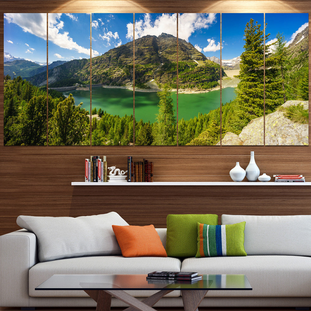 Greeny Alpine Reservoir, Landscape Canvas Art Print, 83"x32", 7 Panels