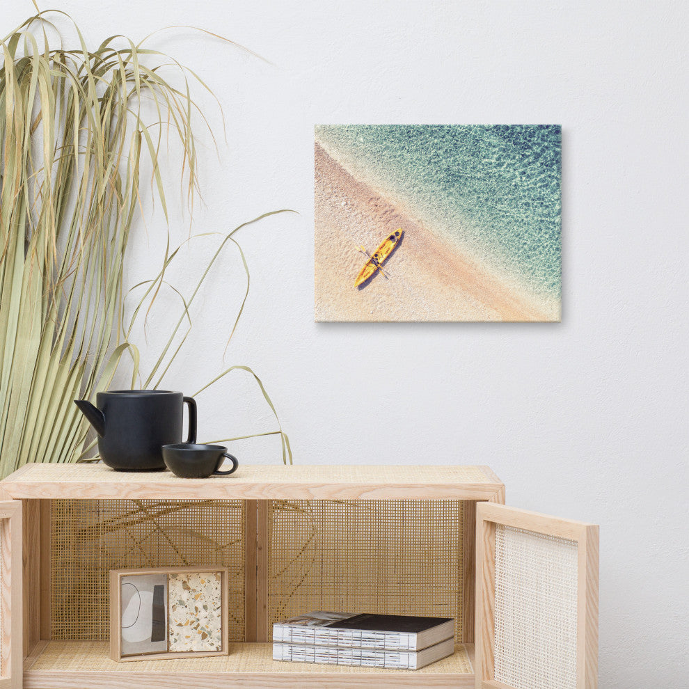 Yellow Canoe and Blue Sea by with Soft Violet Effect Canvas Wall Art Prints, 16" X 20"