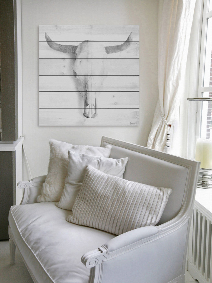 "Horned Skull" Painting Print on White Wood, 18"x18"