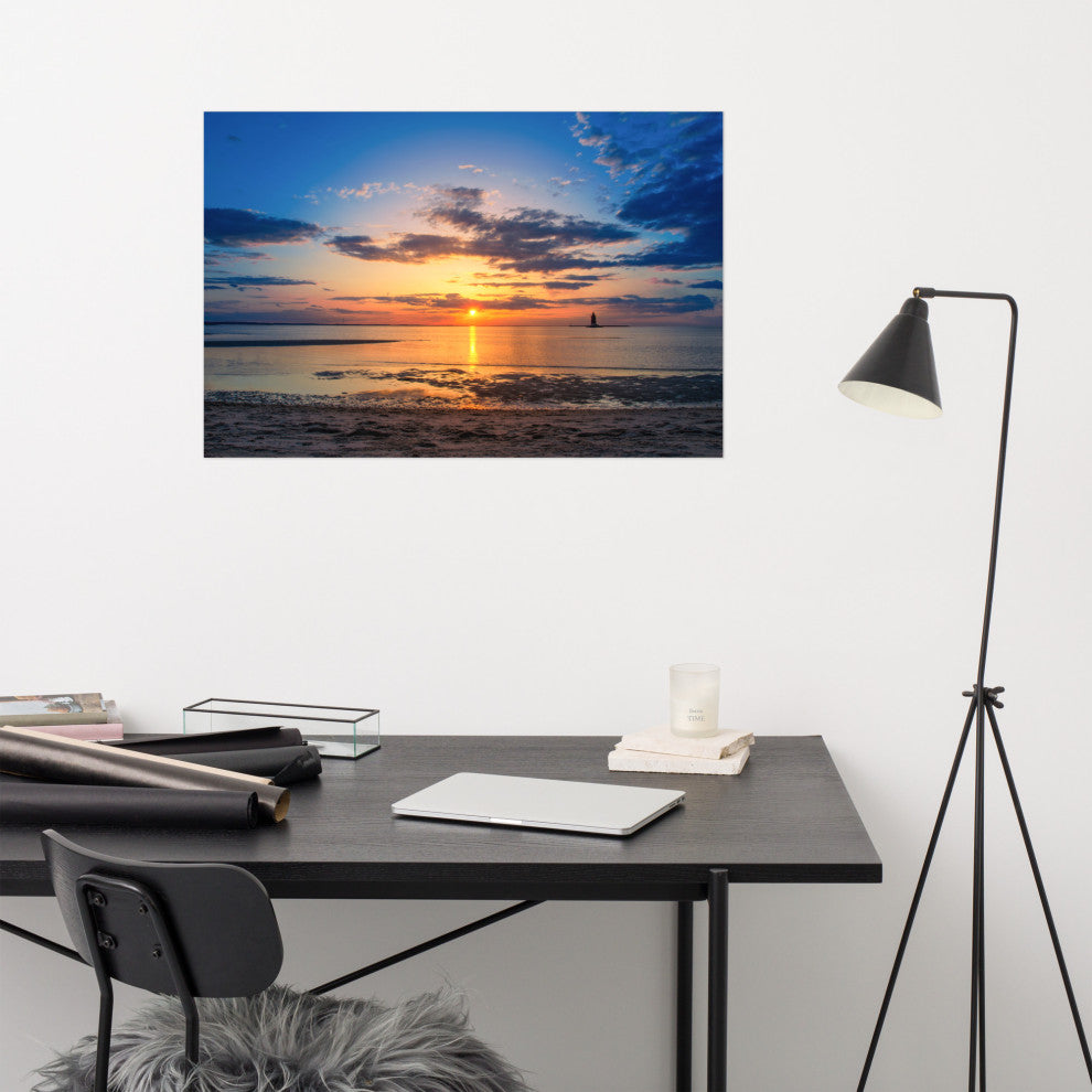 Sunset at Breakwater Lighthouse Coastal Landscape Unframed Wall Art Print, 24" X 36"