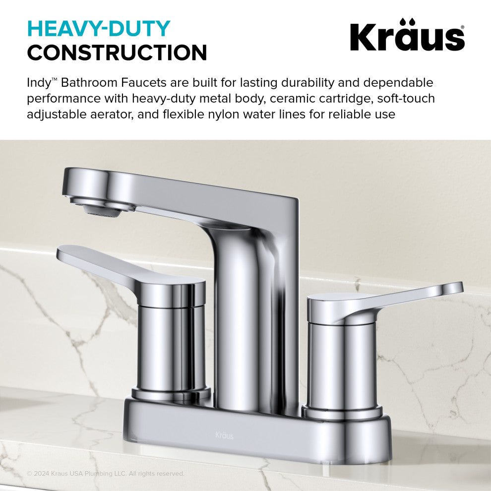 KRAUS Indy 2-Handle 3-Hole Centerset Bathroom Faucet Chrome, Pop Up Drain