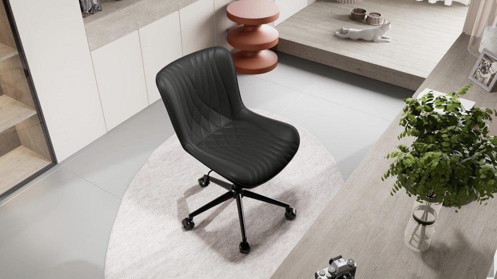 Younike Armless Upholstered Faux Leather Rolling Office Chair, Black