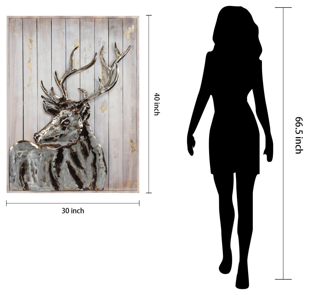"Deer 2" Hand Painted Iron Wall Sculpture on Slatted Solid Wood Wall Art 40"x30"