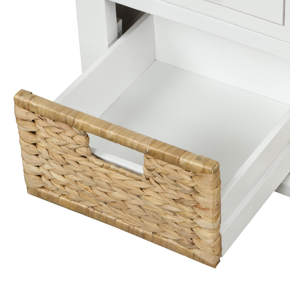 TATEUS 42" Rustic Storage Bench With 3 Drawers and 3 Rattan Baskets, White