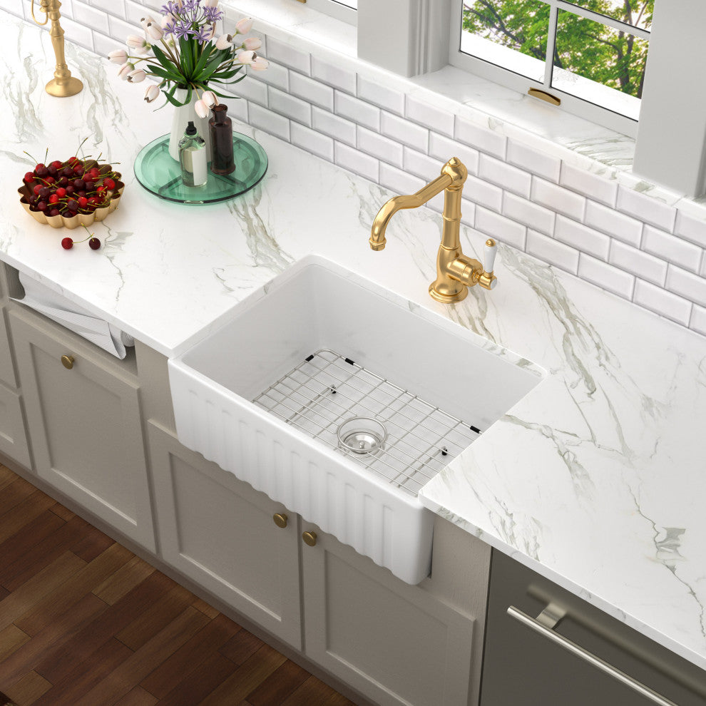 White Farmhouse Ceramic Bar Kitchen Sink Single Bowl Basin 24"