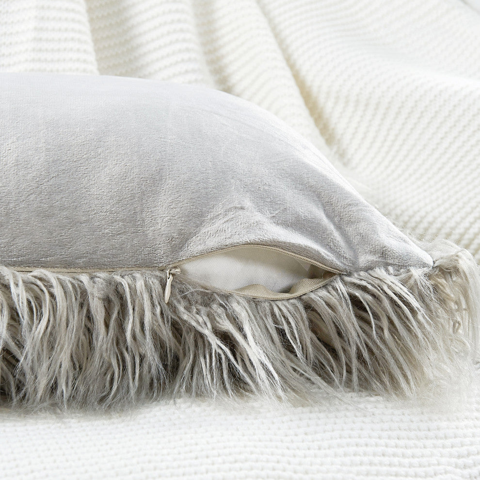 Mongolian Faux Fur Pillow Shell Set, Gray, 20"x20"