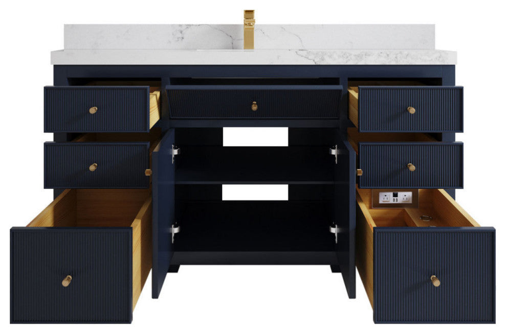 Sonoma 60 Single Sink Reeded Bathroom Vanity in Hale Navy Blue 2" Calacatta Nuvo