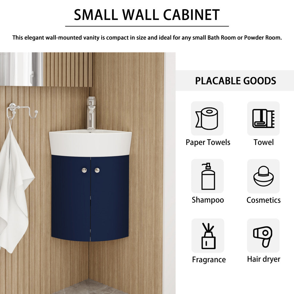 BNK Compact Double-Door Corner Bathroom Cabinet with Ceramic Basin