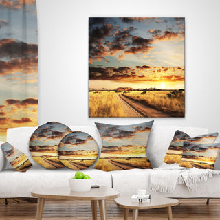 Cloudy African Prairie With Pathway Landscape Printed Throw Pillow, 16"x16"
