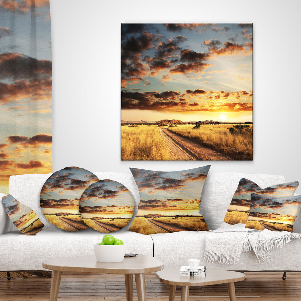 Cloudy African Prairie With Pathway Landscape Printed Throw Pillow, 16"x16"