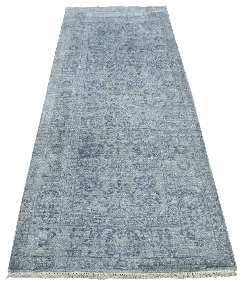 Carbon Gray, Abstract Design Wool and Silk, Hand Knotted Runner Rug, 3'1"x8'3"
