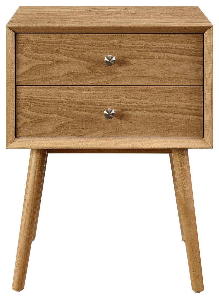 Nightstand Side End Table With USB, Wood, Brown Natural, Modern Living Room