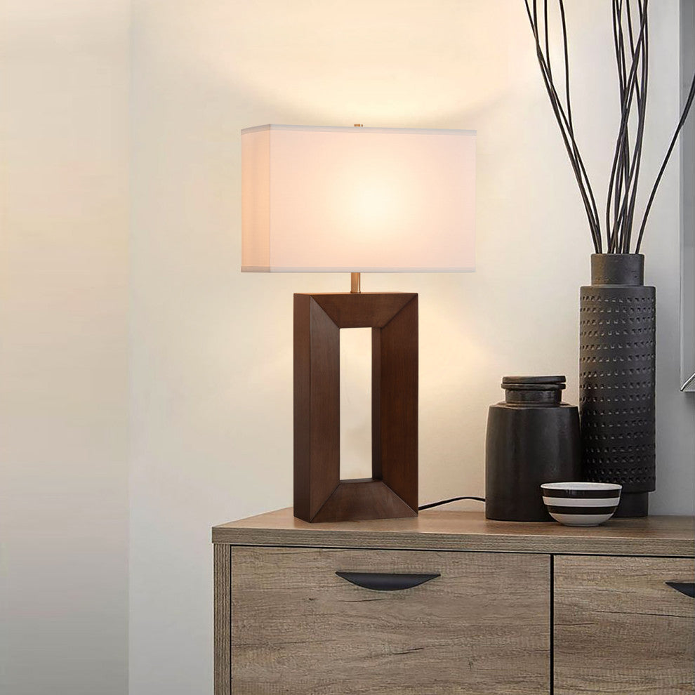 Julie Standing Table Lamp, White Linen Shade, Dark Walnut Wood Finish, Weathered Brass
