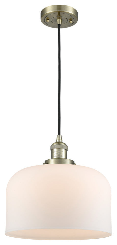 1-Light Large Bell 12" Pendant, Antique Brass, Glass: Matte White Cased