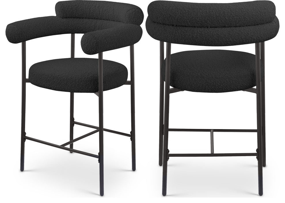 Blake Boucle Fabric Upholstered Counter Stool, Set of 2, Black, Matte Finish
