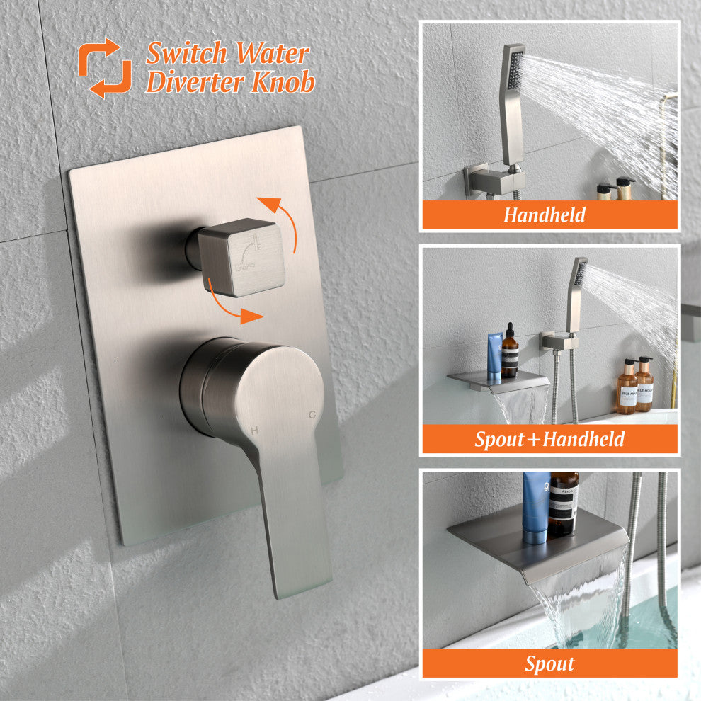 Wellfor Shower Faucet Set, Waterfall Tub Spout and Hand Shower, Brushed Nickel