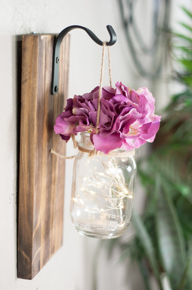 Mason Jar Sconce Wall Decor Walnut Color Purple Flower Wide Hook with Lighting