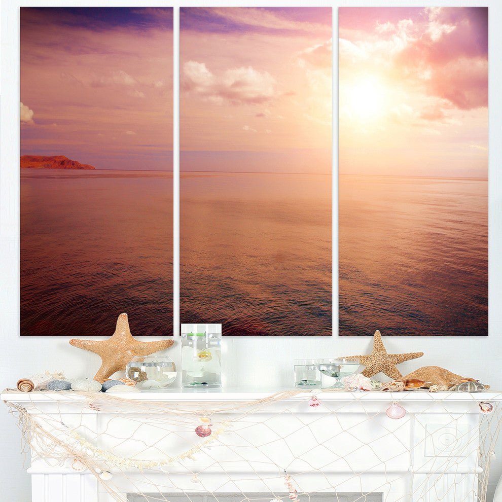 "Pink Sky Over Dark Beach at Sunset" Metal Wall Art, 3 Panels, 36"x28"