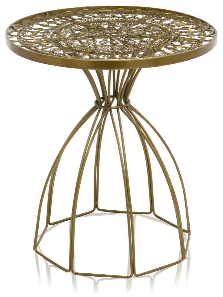 HomeRoots 18" x 18" x 21" Antique Brass Wire Work Side Table