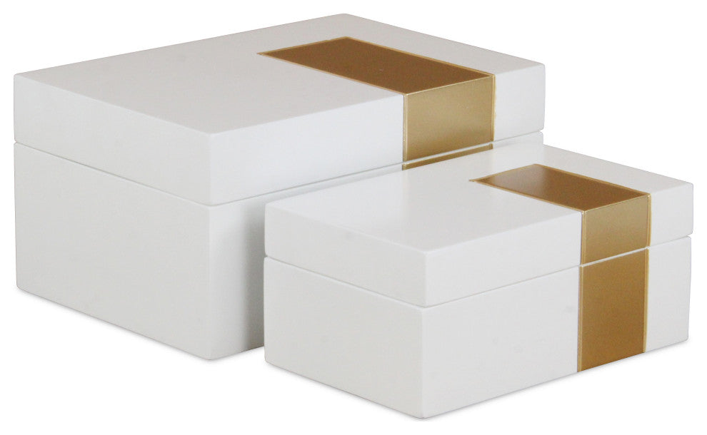 White Wooden Decorative Box With Golden Band Accent, Set of 2