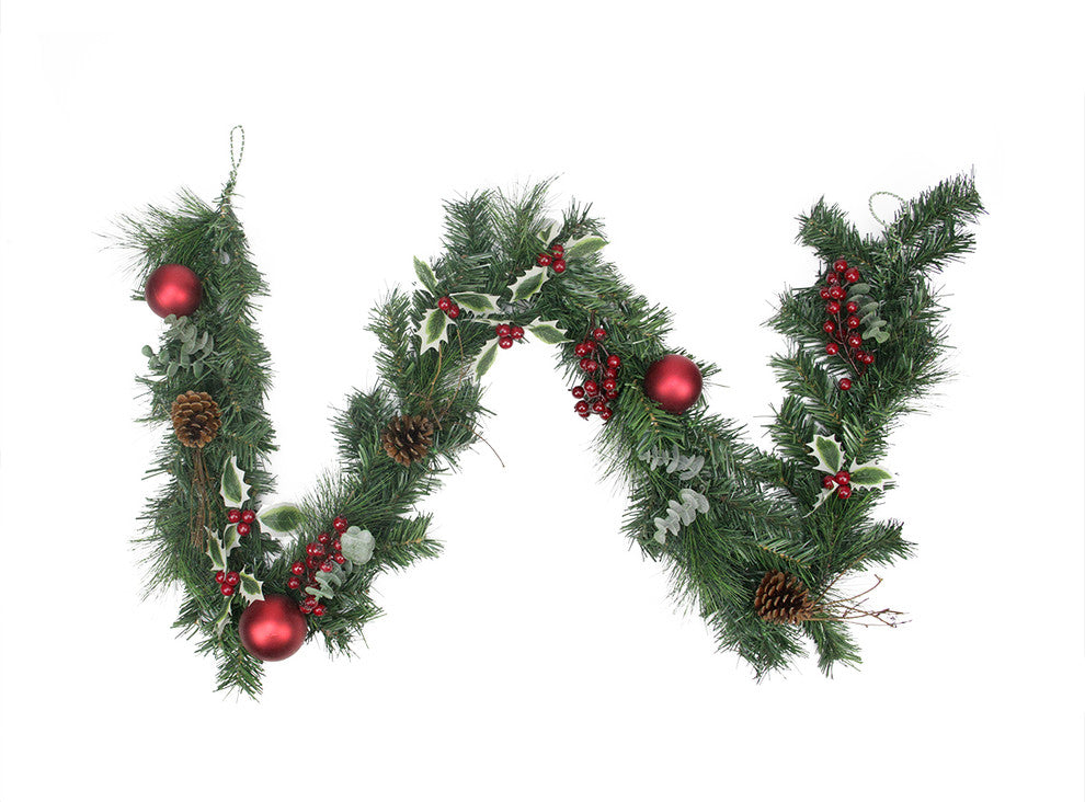 Pre-Decorated Holly Berry Pine Cone Twig and Ball Artificial Garland, 6'
