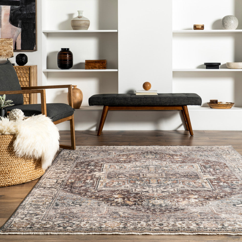 Nuloom Harriet Vintage Medallion Fringe Area Rug, Dark Gray 7'10"x9'8"