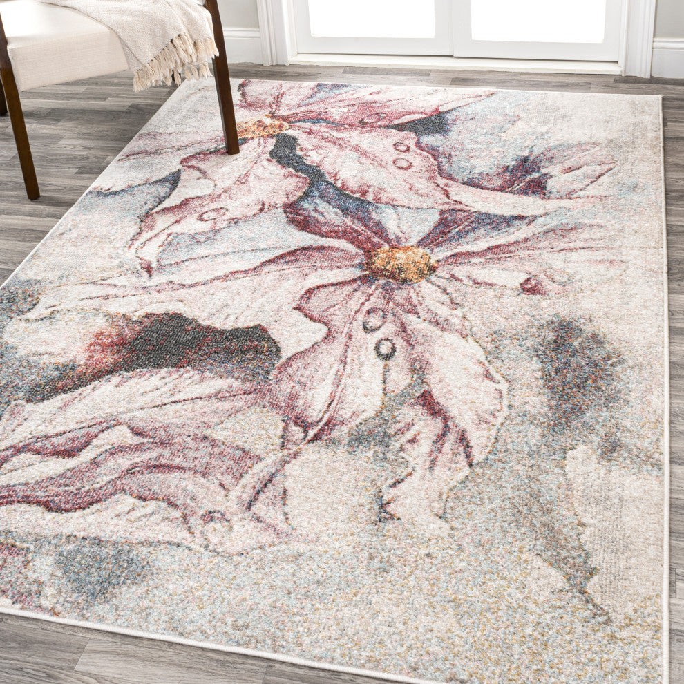 Pastello Modern Abstract Muted Flowers Area Rug, Pink/Gray, 3x5