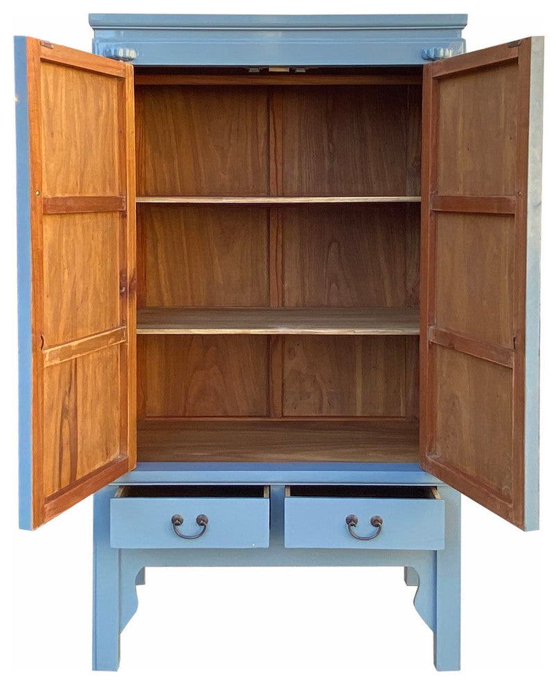 Chinese Oriental Light Blue Moon Face Tall Wedding Armoire Cabinet Hcs7084