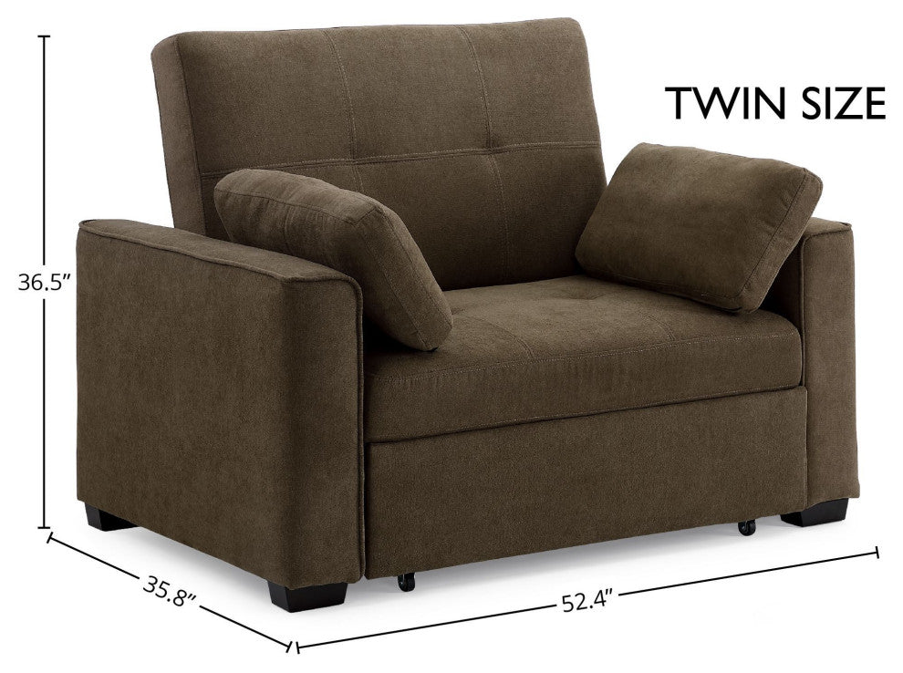 Nantucket Pull-Out Chenille Sleeper Sofa With Accent Pillows, Cappuccino, Twin