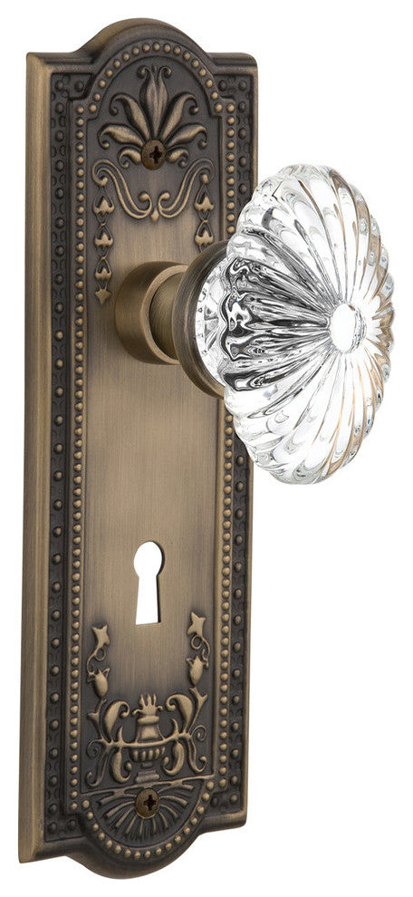 Meadows Plate Privacy Oval Fluted Crystal Glass Knob, Antique Brass