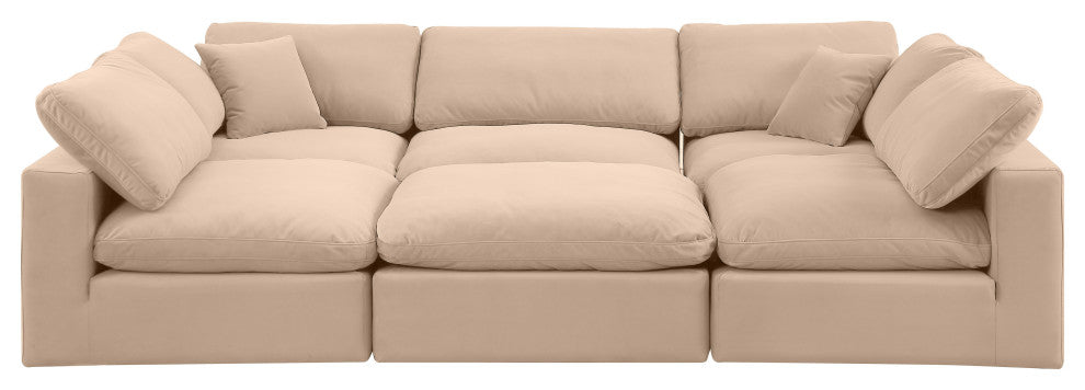 Comfy Upholstered U-Shaped Modular Sectional, Beige, 6-Piece: 3 Armless Chair, 2 Corner Chair, 1 Ottoman, Velvet