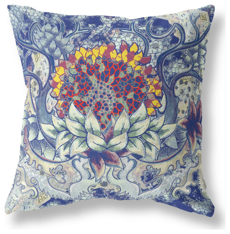 18" Blue Gray Flower Bloom Suede Throw Pillow