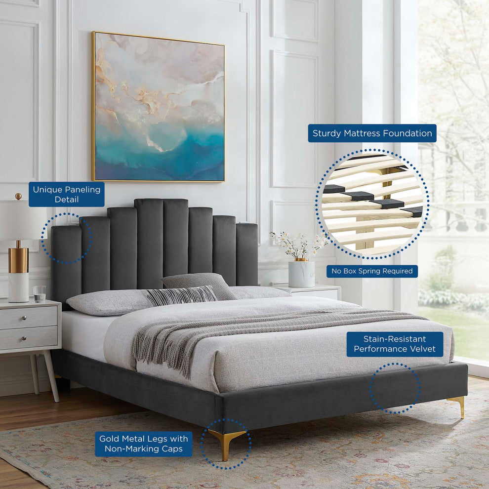 Platform Bed Frame, Full Size, Velvet, Dark Gray, Modern Contemporary