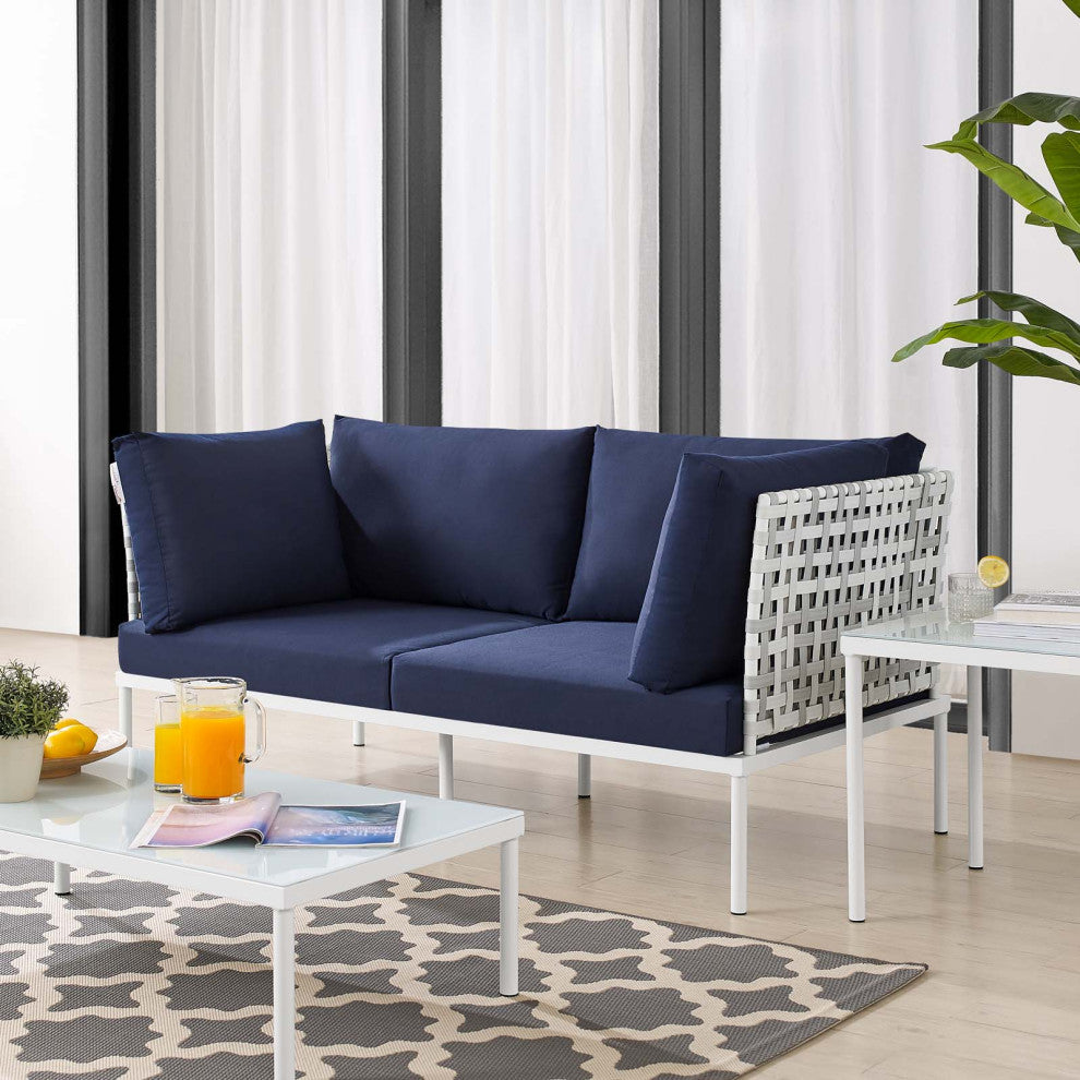 Lounge Loveseat Sofa, Sunbrella, Aluminum, Metal, Blue Navy, Modern, Outdoor