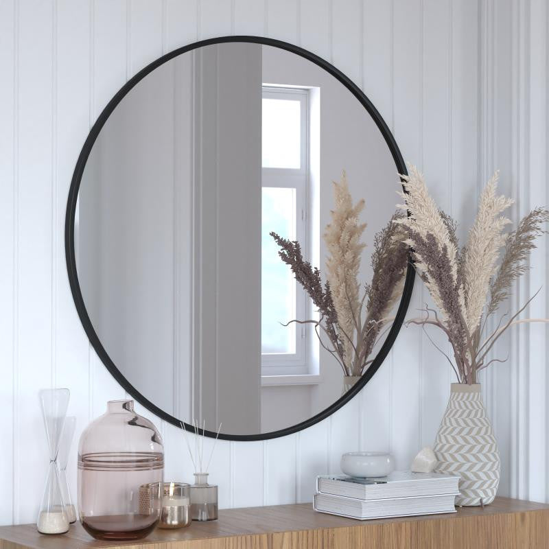 Julianne Round Metal Framed Wall Mirror, Black, 36"