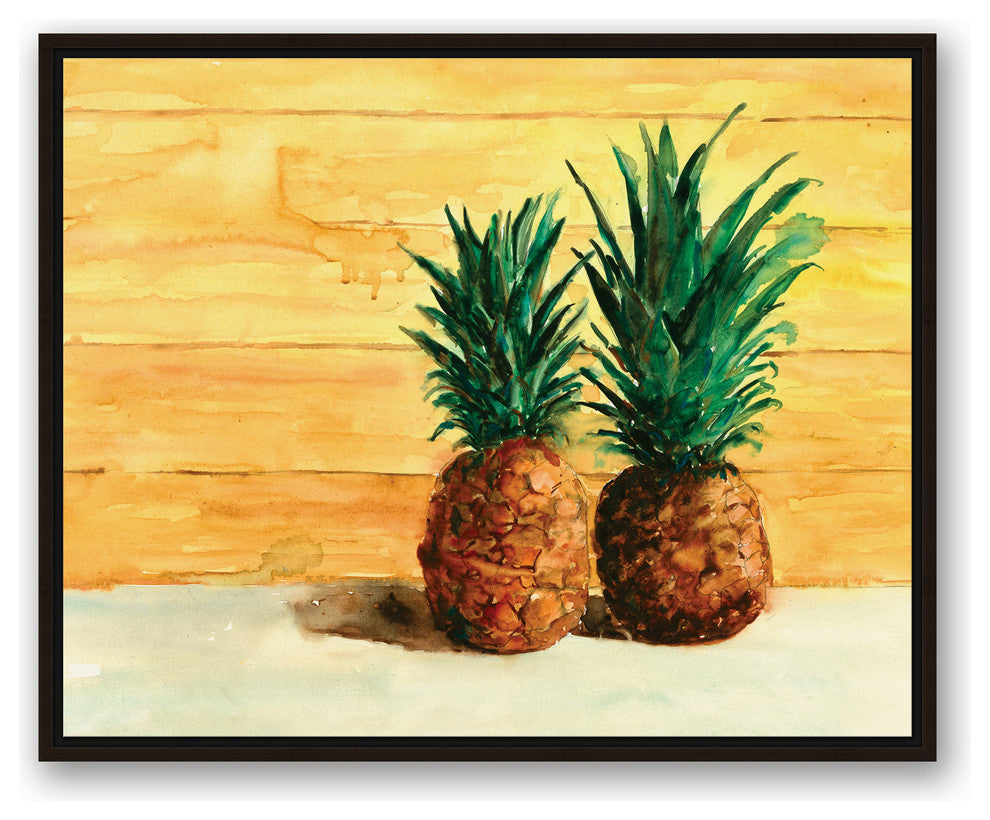 Tropical Beached Pineapple Pair  24x30 Walnut Floating Framed Canvas