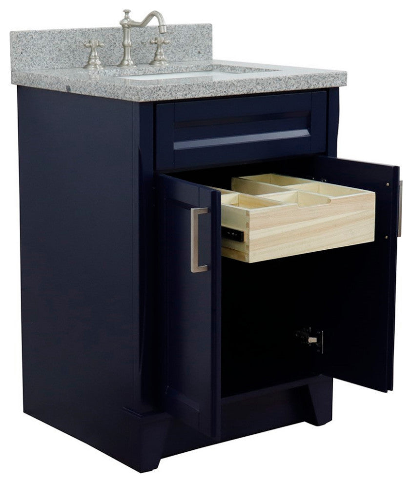 25" Single Sink Vanity, Blue Finish With Gray Granite And Rectangle Sink
